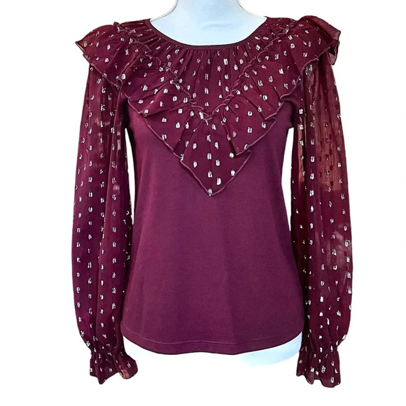 LOFT Plum Ruffle Top Sheer Long Sleeves Silver Metallic Detail Size XS - Picture 1 of 7